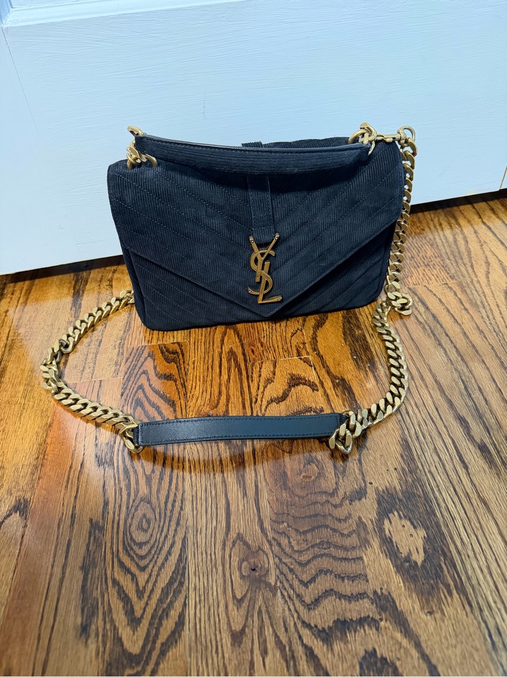 Saint Laurent Black corduroy, college medium flap top handle with Gold Hardware